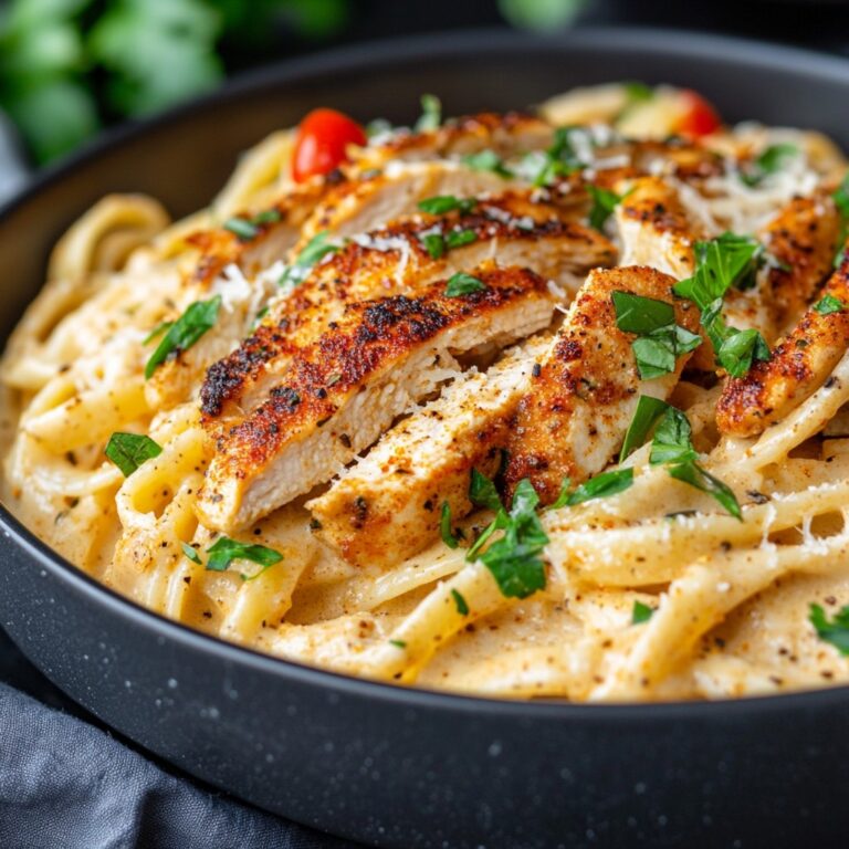 Assiette de pâtes crémeuses au poulet cajun avec poivrons colorés et sauce onctueuse