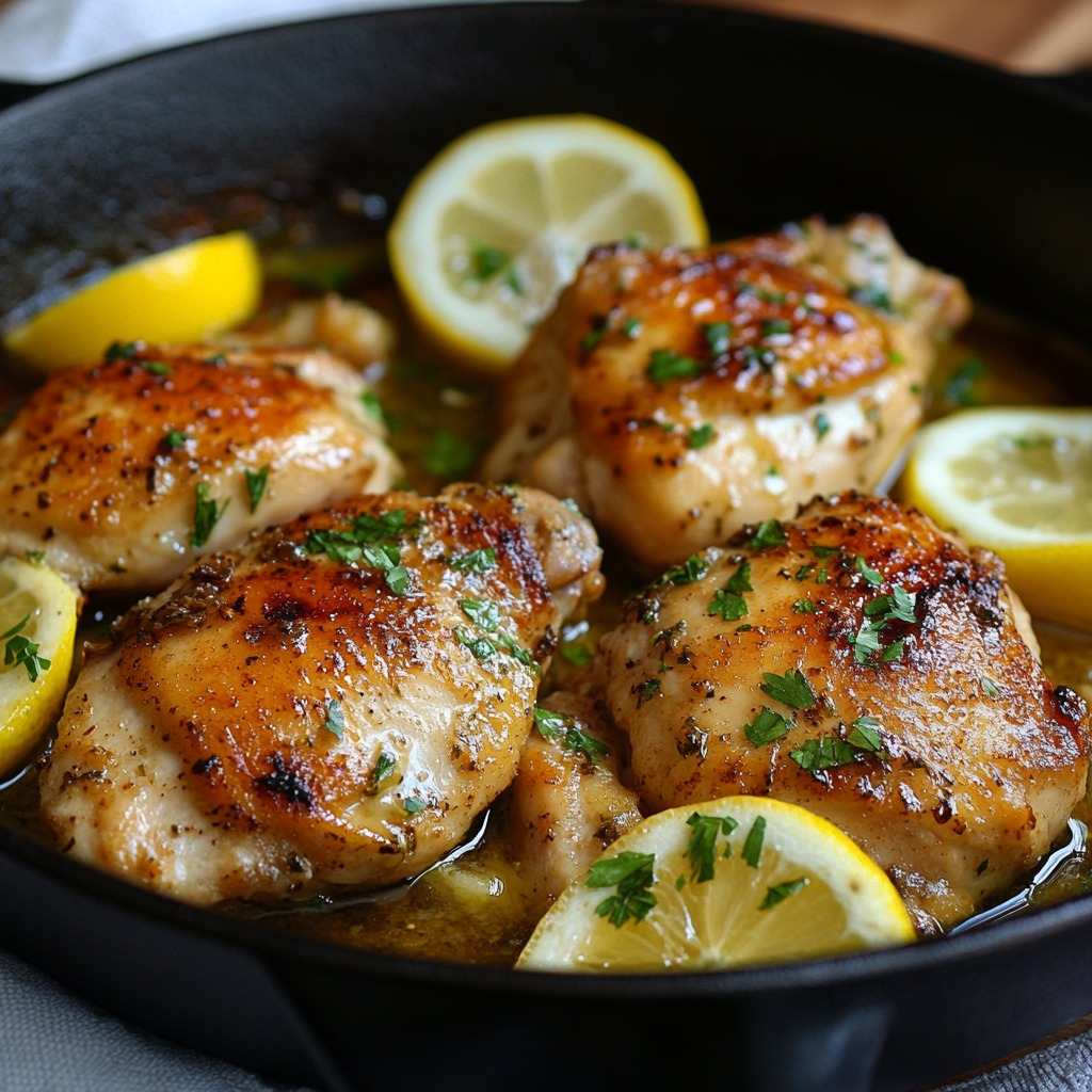 Cuisses de poulet dorées au citron et à l’ail dans une cocotte avec tranches de citron