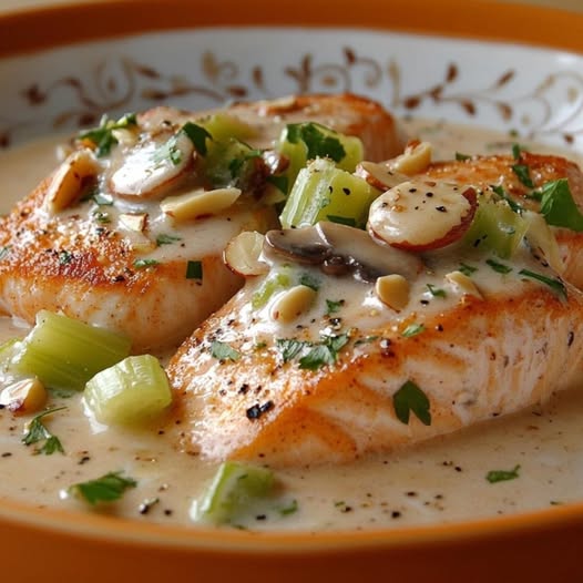 Assiette de blanquette de truite aux amandes dans une sauce crémeuse au vin blanc avec céleri et champignons