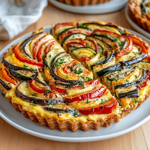Part de quiche aubergine poivron au tofu soyeux dorée servie avec une salade verte