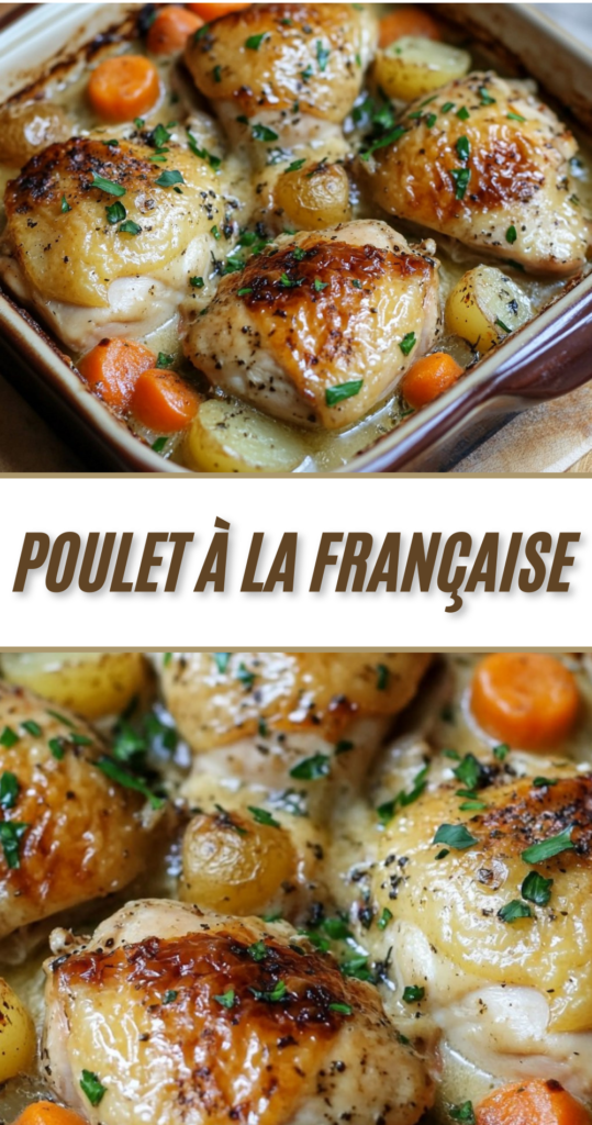 Cocotte de poulet à la française avec cuisses dorées, pommes de terre et carottes mijotées au vin blanc