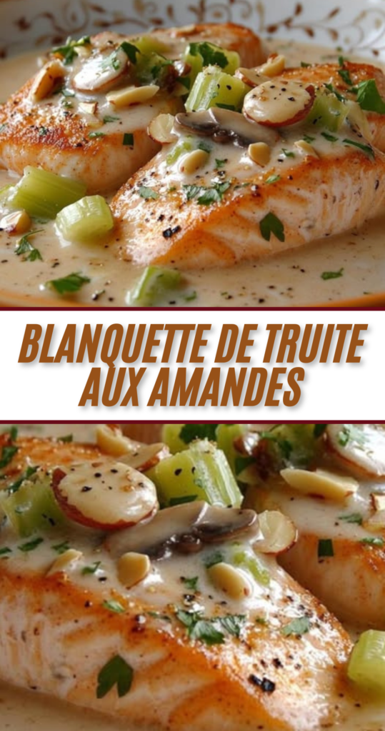 Assiette de blanquette de truite aux amandes dans une sauce crémeuse au vin blanc avec céleri et champignons
