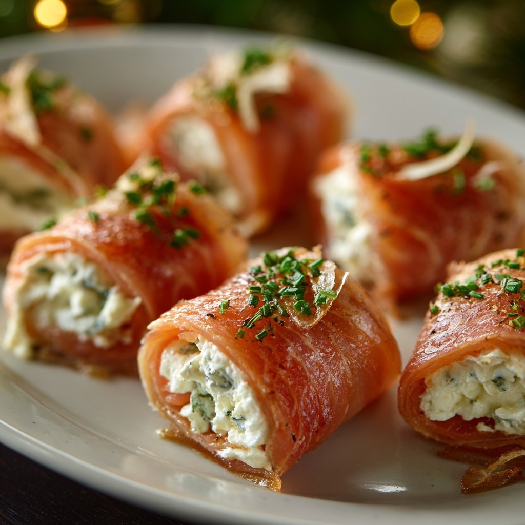 Roulés de saumon fumé garnis de fromage frais à l’aneth servis sur une assiette