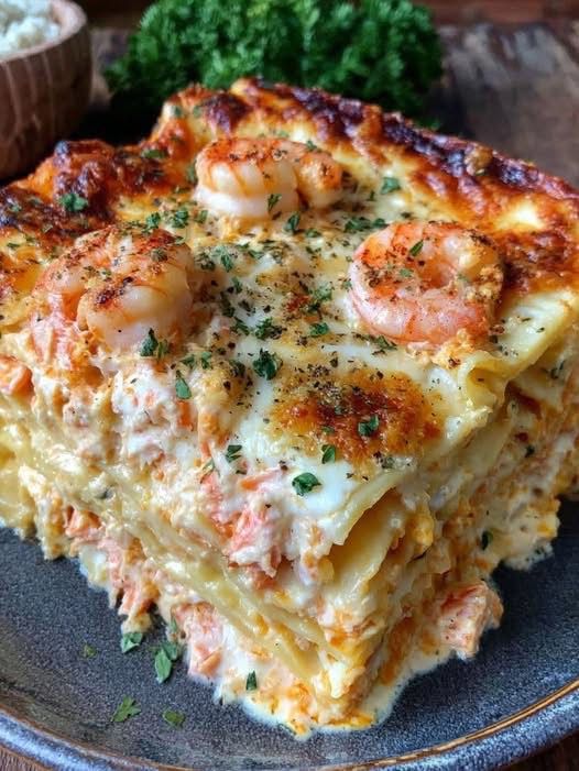 Plat de lasagnes crémeuses aux fruits de mer gratinées au fromage avec crevettes et chair de crabe