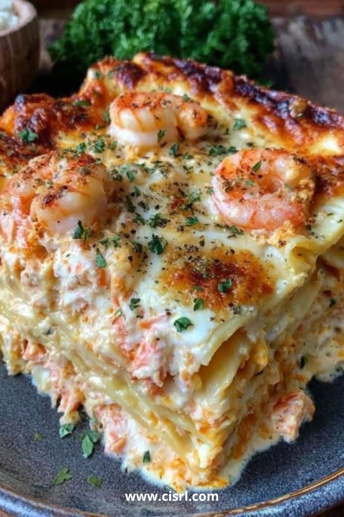 Plat de lasagnes crémeuses aux fruits de mer gratinées au fromage avec crevettes et chair de crabe
