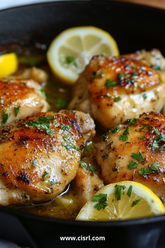 Cuisses de poulet dorées au citron et à l’ail dans une cocotte avec tranches de citron