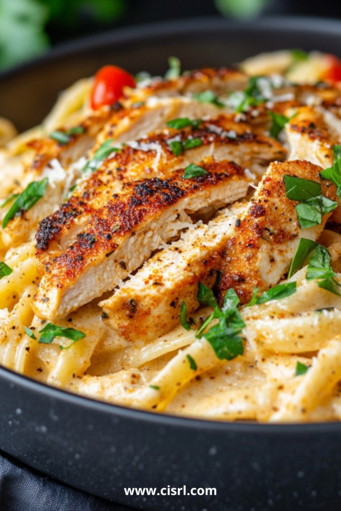 Assiette de pâtes crémeuses au poulet cajun avec poivrons colorés et sauce onctueuse