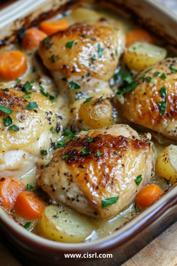 Cocotte de poulet à la française avec cuisses dorées, pommes de terre et carottes mijotées au vin blanc
