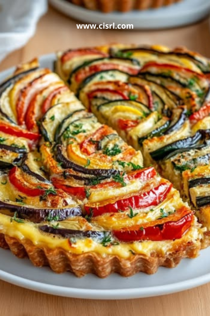 Part de quiche aubergine poivron au tofu soyeux dorée servie avec une salade verte