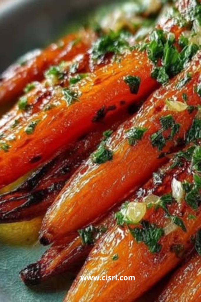 Carottes rôties au miel et à l’ail, dorées au four et parsemées de persil dans un plat