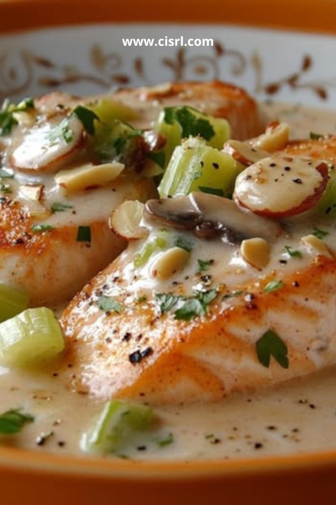 Assiette de blanquette de truite aux amandes dans une sauce crémeuse au vin blanc avec céleri et champignons